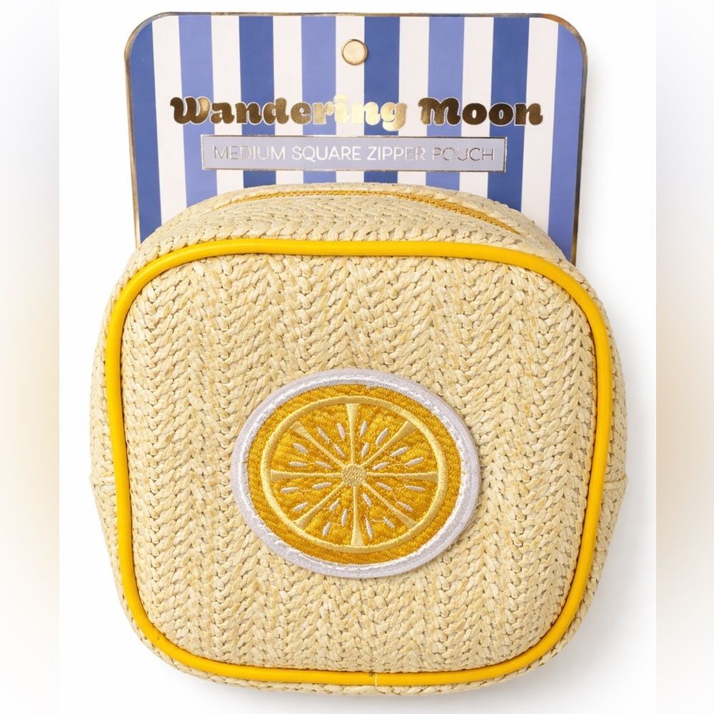 Wandering Moon NWT Lemon Square Zip Pouch Yellow Woven Straw Style Makeup Bag B